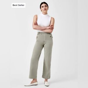 SPANX Stretch Twill Cropped Wide Leg Pant Green Sz Med